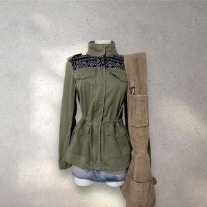 Y2K Mudd Olive Green Military Utility Jacket – Embroidered Aztec Yoke